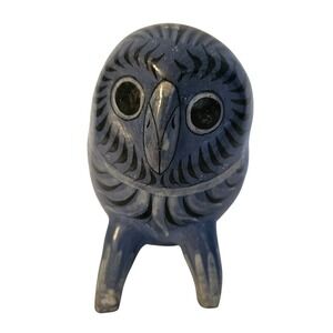 Vintage Tonala Mexican Pottery Owl Figurine Blue Hand Painted Folk Art 6 Inch
